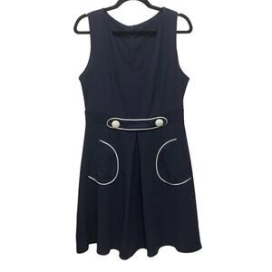 Smak Parlour Navy Retro Mod Dress L White Piping Pockets A-Line